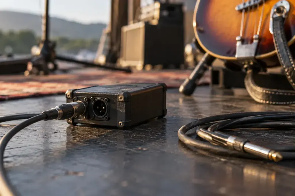 Plain direct injection audio box beside instrument cables on a small stage.