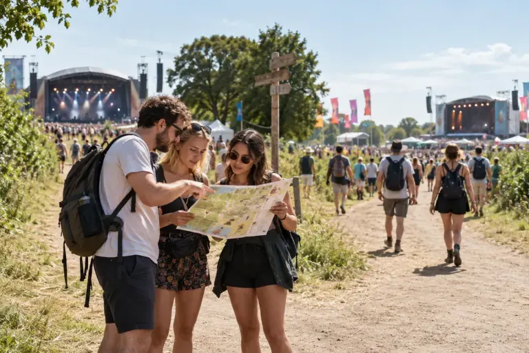 Festival visitors consulting a site map between performance areas.