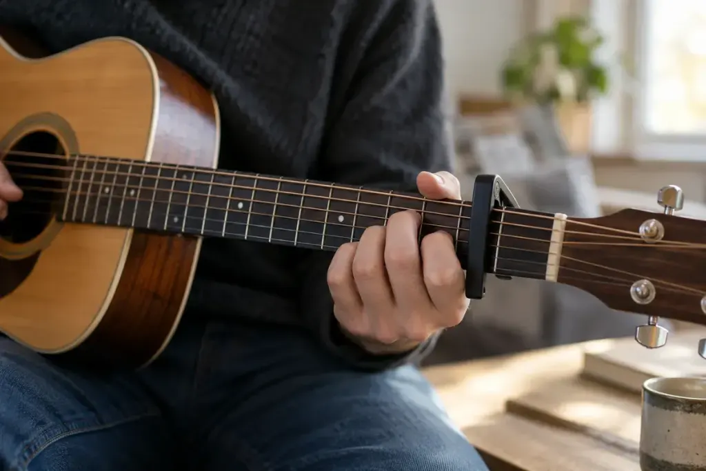 Close photo of an acoustic guitar with a capo fitted behind a fret, fingers holding an ordinary chord.