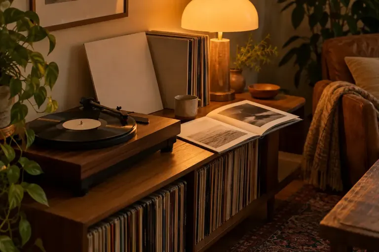 A turntable, plain record sleeve and open booklet in a home listening corner.