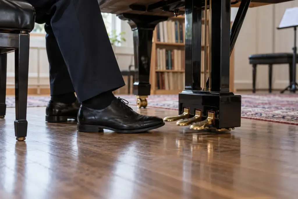 Three brass piano pedals beside the shoes of a seated pianist.