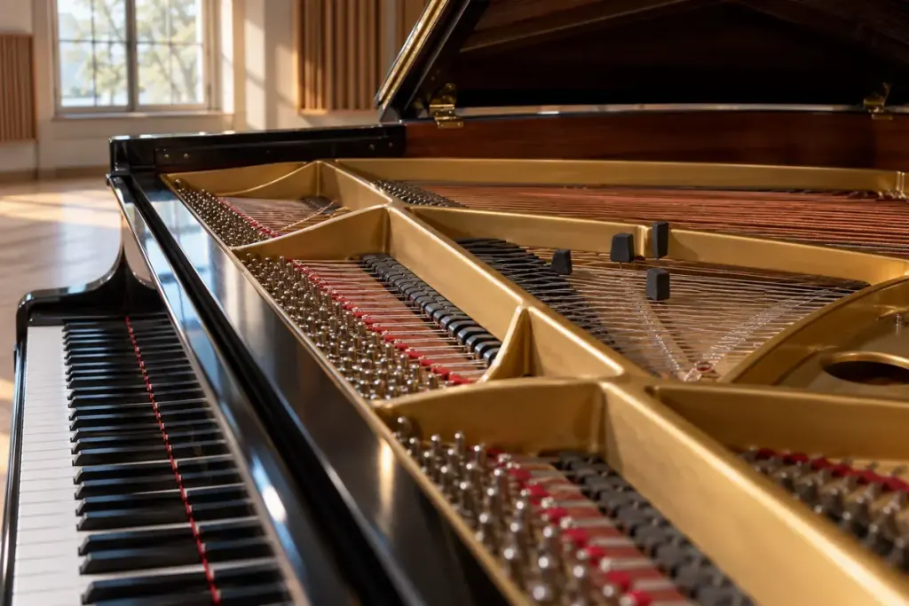 The open lid and strings of a grand piano in a quiet rehearsal studio.