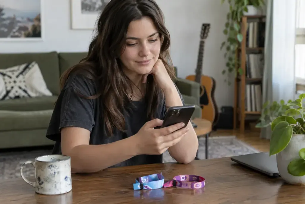 An adult checking a phone beside wristbands on a table.