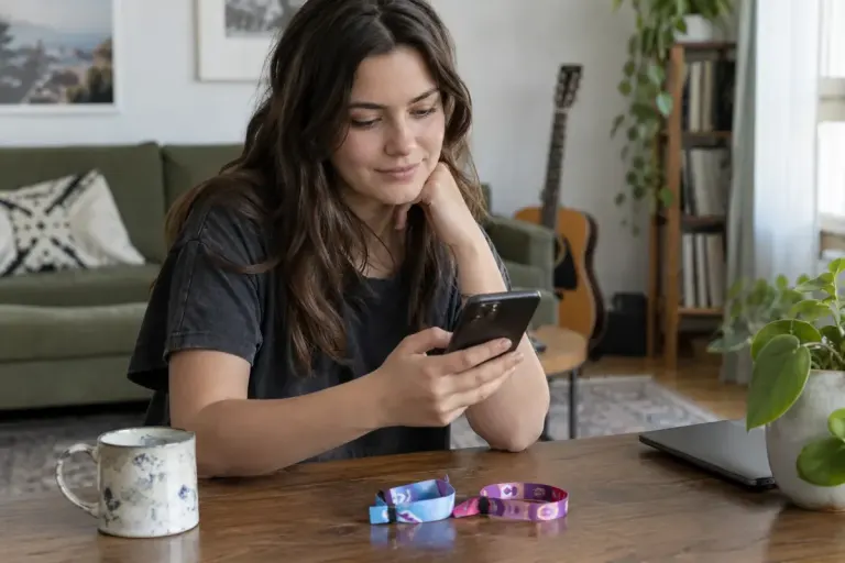 An adult checking a phone beside wristbands on a table.