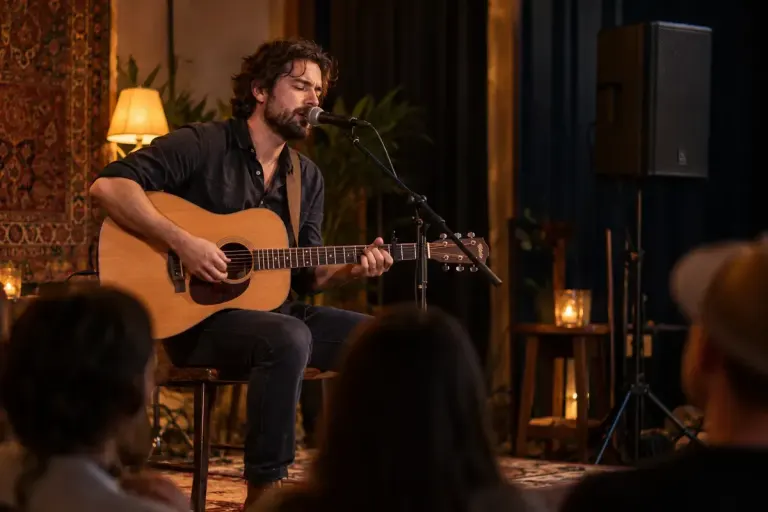 An acoustic guitarist performing into a microphone on a small venue stage with a discreet speaker.