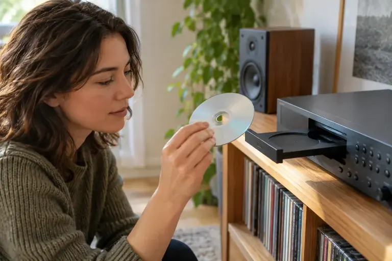 A music listener holding an unbranded compact disc beside a home cd player.