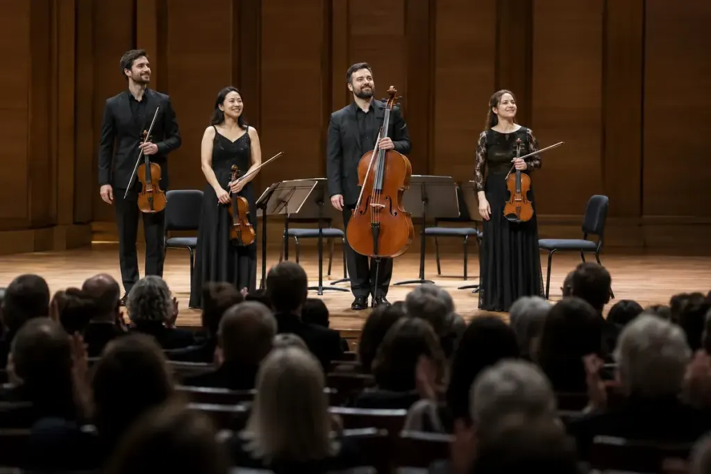 A quiet concert stage seen from the back of an audience with musicians acknowledging applause.