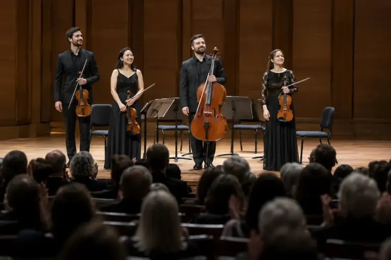 A quiet concert stage seen from the back of an audience with musicians acknowledging applause.