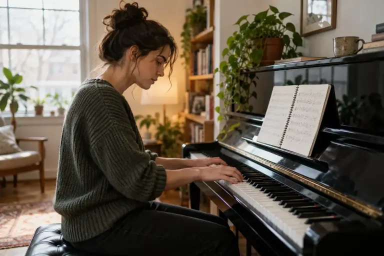 A musician practising a short repeating piano pattern beside a simple music notebook.