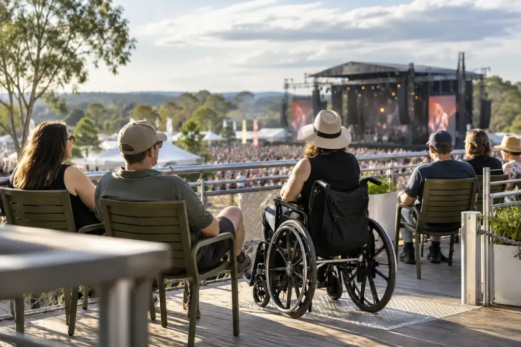 An accessible festival viewing platform with seated adult visitors and a wheelchair user watching a distant stage in daylight.