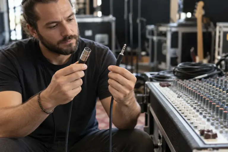 Sound engineer comparing xlr and quarter inch audio cables beside a mixing console.