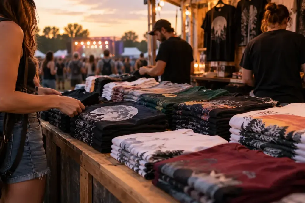 Folded unbranded concert t shirts at a small outdoor merchandise stall in evening light.