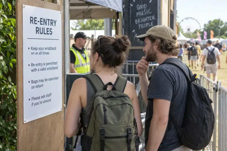 Two festival visitors reading an entrance notice near a staffed gate.