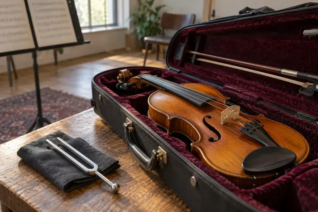 A tuning fork beside a violin and its open case.