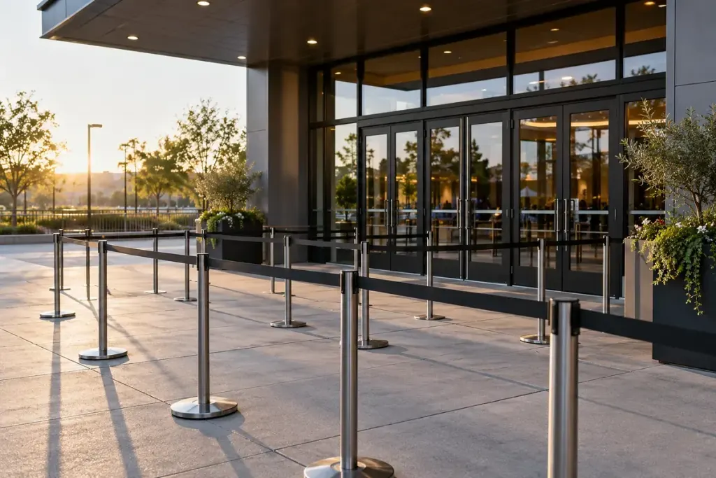 Venue entrance before opening with queue barriers.