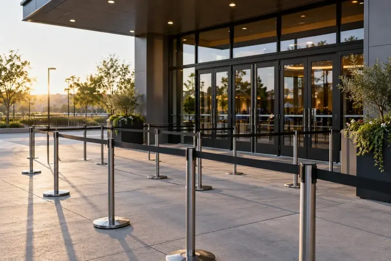 Venue entrance before opening with queue barriers.