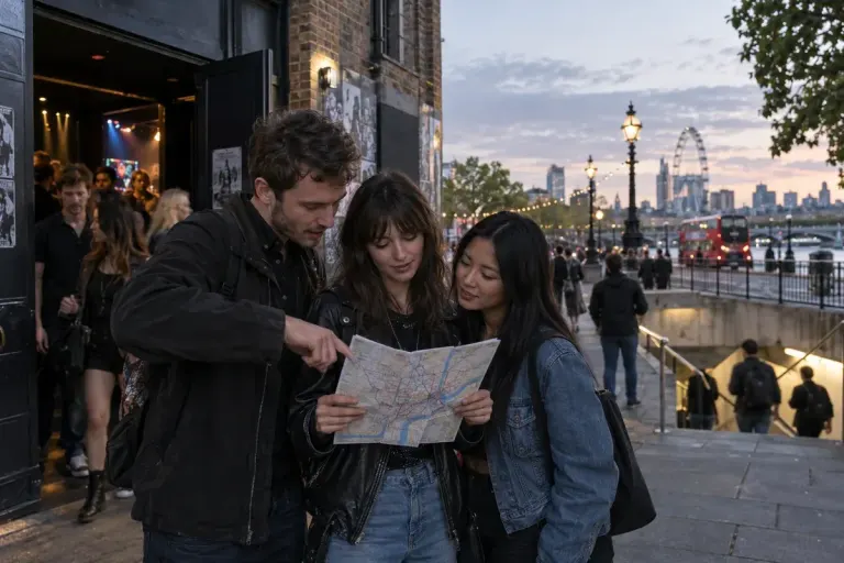 Friends reviewing a printed transport map outside a music venue before dusk, visible exit route and normal pedestrian setting.