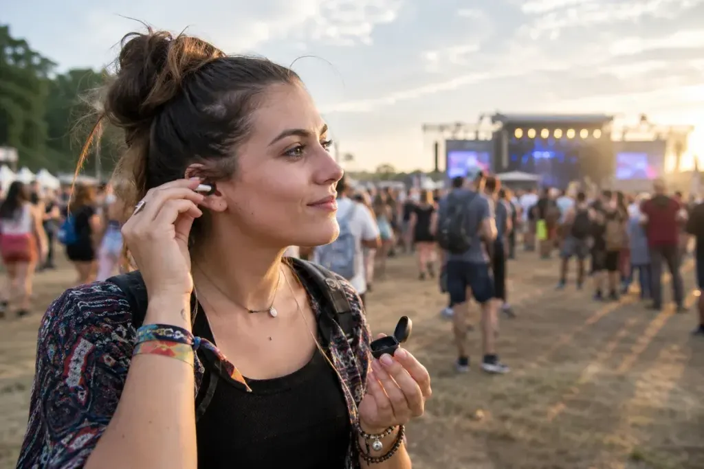 Adult concertgoer fitting reusable earplugs before entering a music festival, stage distant in background.