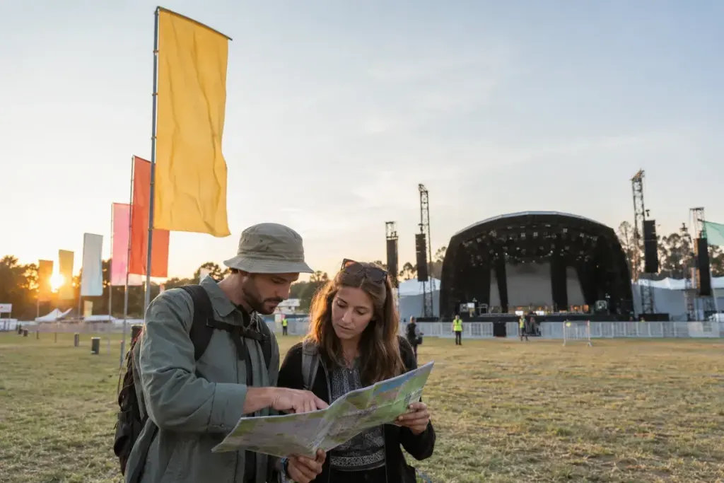 Two adult festival visitors checking a map beside a distinctive flag.