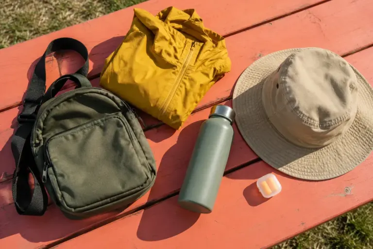 A festival day bag with a rain jacket, reusable bottle, hat and earplugs case.