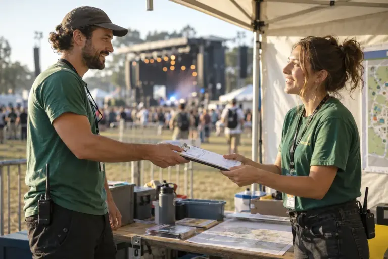 Two adult festival volunteers at an information tent exchanging a clipboard before shift change, music stage blurred in distance, realistic candid event photo.