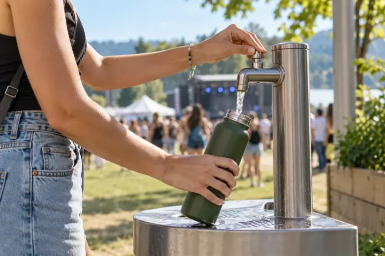 A reusable water bottle being filled at a clean outdoor event refill tap.