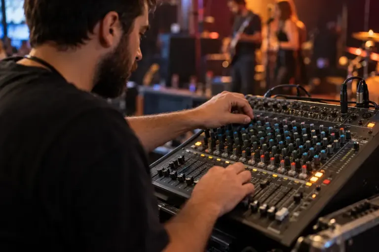 Close view of a sound technician adjusting a compact audio mixer at a small venue.