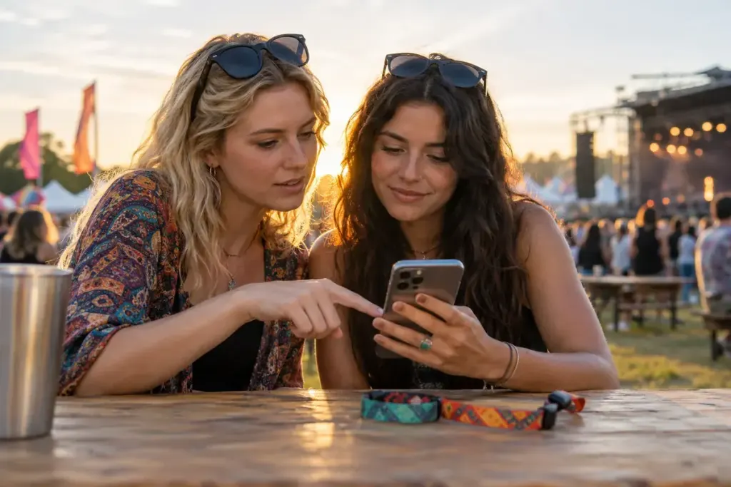Two friends checking digital ticket details on a phone before a music festival, wristbands on table.