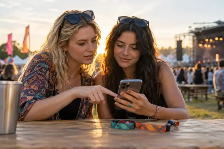 Two friends checking digital ticket details on a phone before a music festival, wristbands on table.