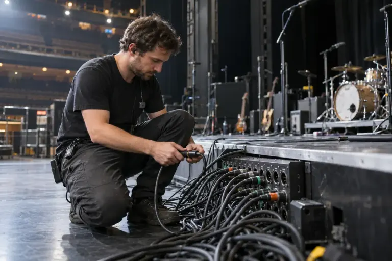 Audio technician checking stage input cables at empty venue.