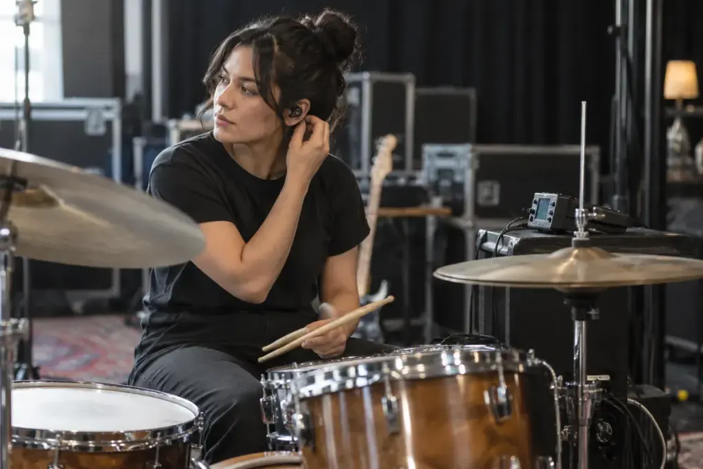 A drummer wearing in-ear monitors beside a small playback device on a rehearsal stage.