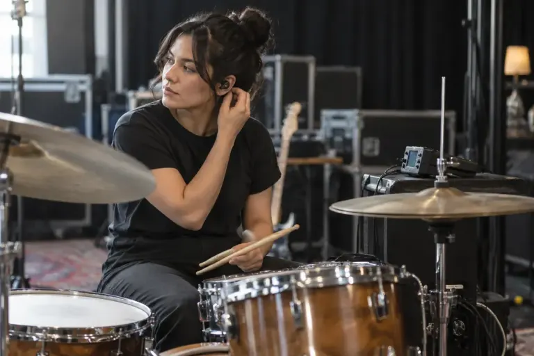 A drummer wearing in-ear monitors beside a small playback device on a rehearsal stage.