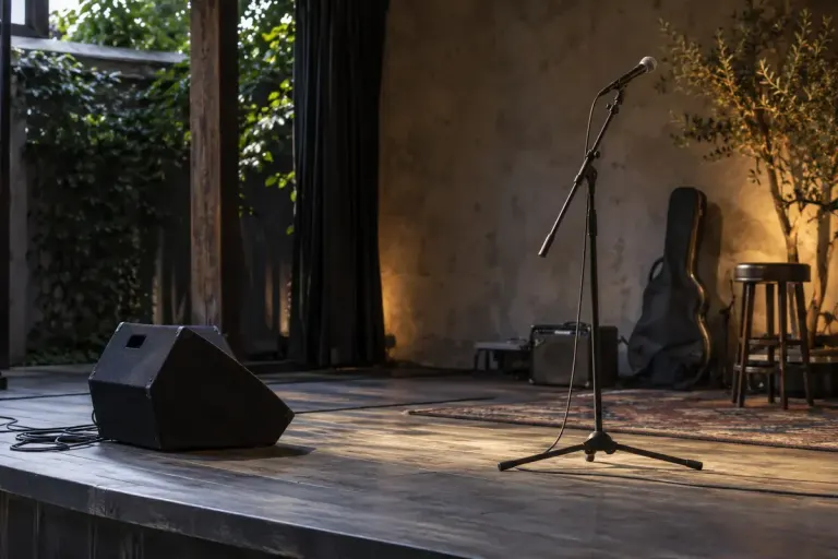 An empty small concert stage with microphone and speaker placed apart.