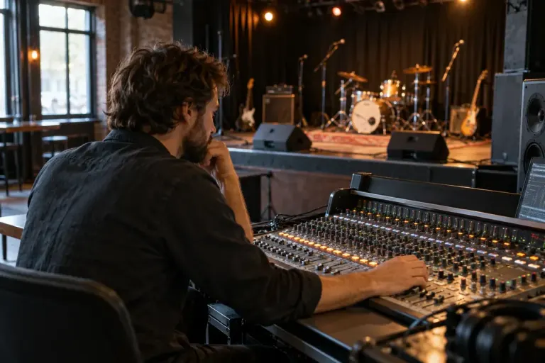 A sound engineer listening at a mixing desk in an empty small music venue.