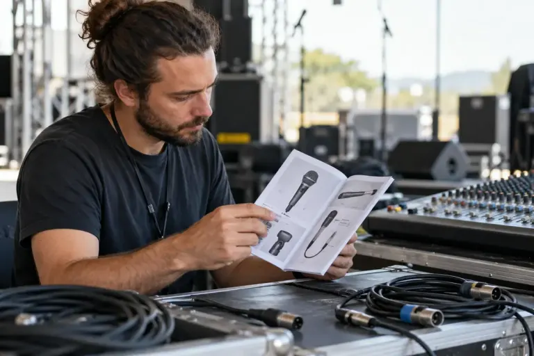A sound technician consulting a microphone manual beside a mixer and disconnected microphone cables.