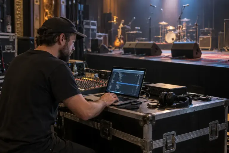 Sound technician preparing a playback playlist beside a quiet stage.