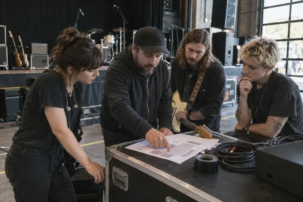 Small band and sound engineer reviewing a simple stage layout on paper at an empty venue before soundcheck, cables neatly routed.