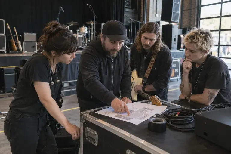 Small band and sound engineer reviewing a simple stage layout on paper at an empty venue before soundcheck, cables neatly routed.