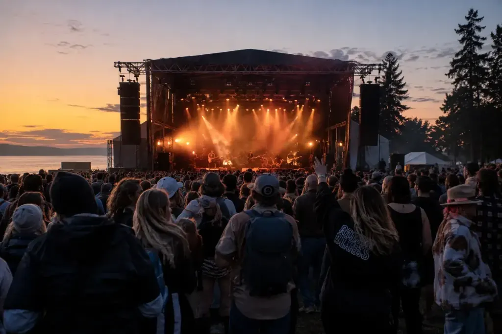 A music audience seen from the rear side of an outdoor stage area at dusk.
