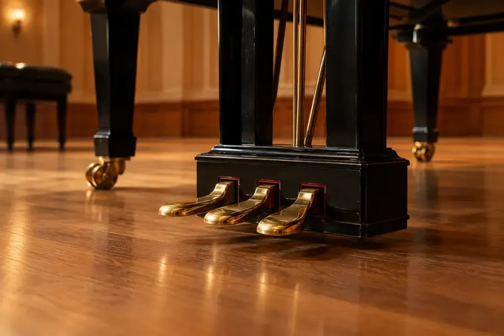 Close view of three brass pedals under a grand piano with warm concert room lighting.