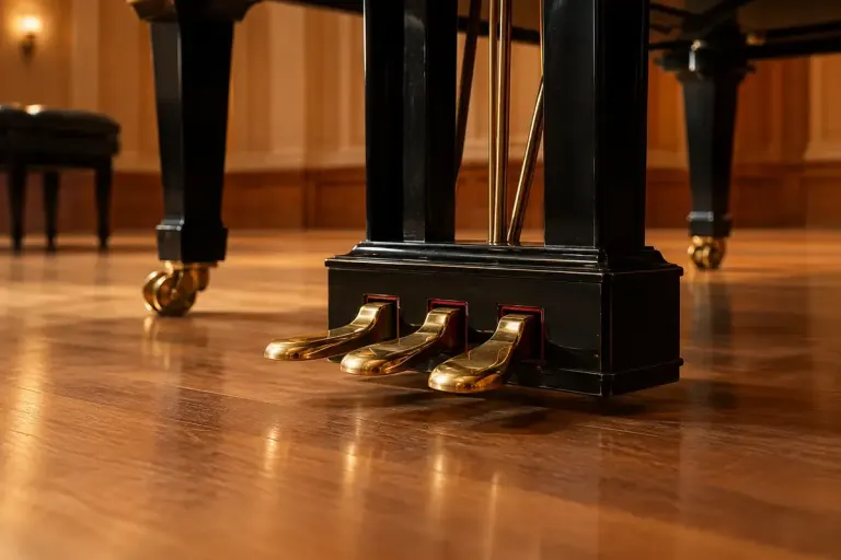 Close view of three brass pedals under a grand piano with warm concert room lighting.