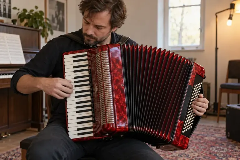 An adult musician playing an acoustic piano accordion with clearly visible partly extended bellows, right hand on piano keys, left hand on bass buttons.