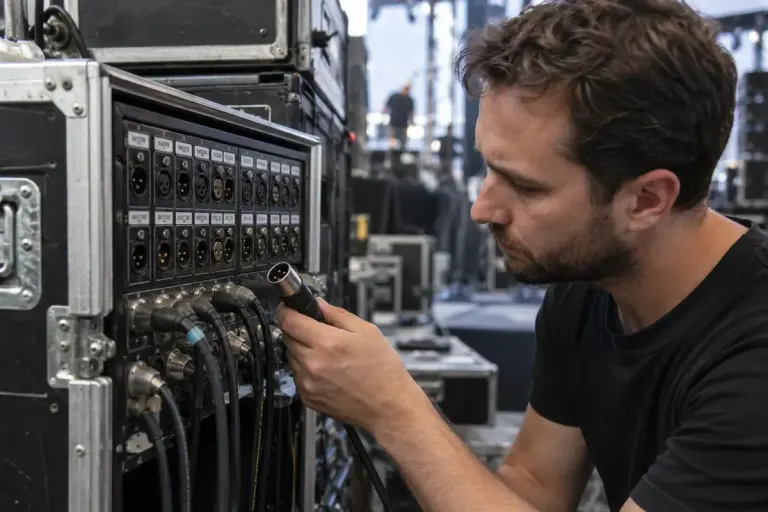 Sound technician checking labelled audio sockets and an xlr cable backstage.